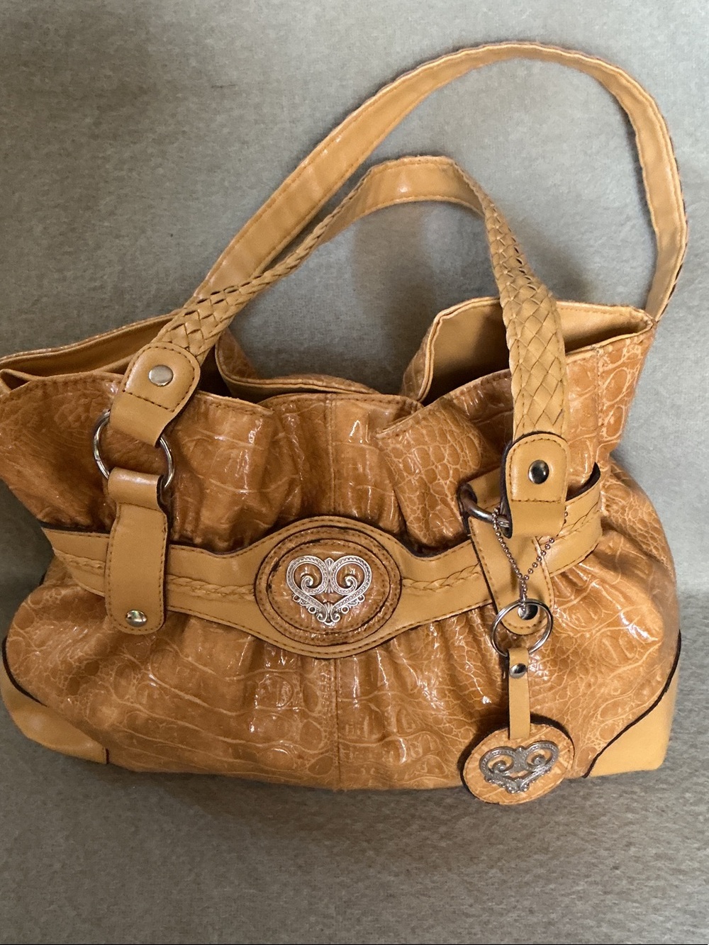 Bueno Cognac Croc-Embossed Shoulder Bag with Heart Medallion